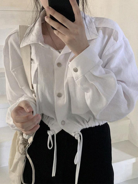 Lapel Neck Snap Button Drawstring Short Long Sleeve Blouse - HouseofHalley