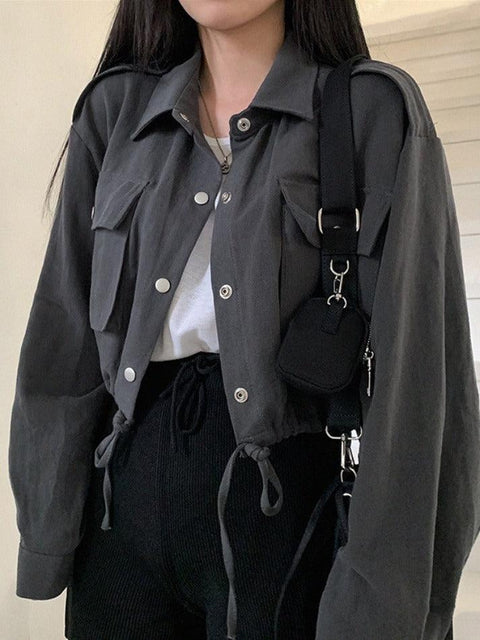 Lapel Neck Snap Button Drawstring Short Long Sleeve Blouse - HouseofHalley