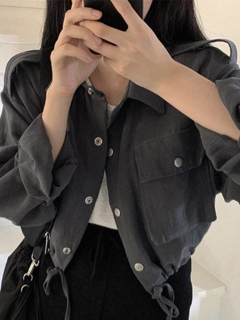 Lapel Neck Snap Button Drawstring Short Long Sleeve Blouse - HouseofHalley