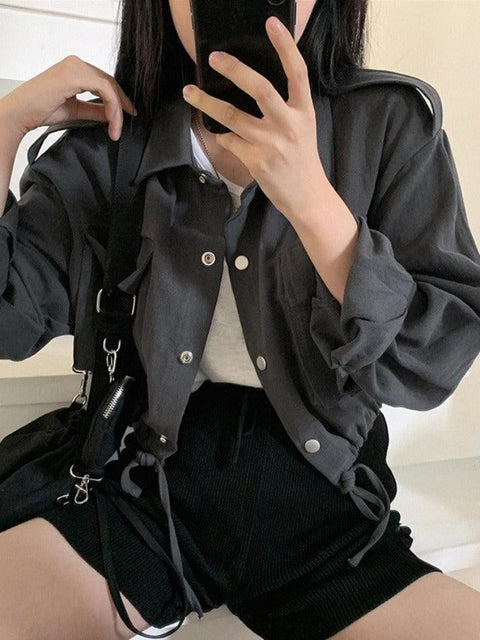 Lapel Neck Snap Button Drawstring Short Long Sleeve Blouse - HouseofHalley