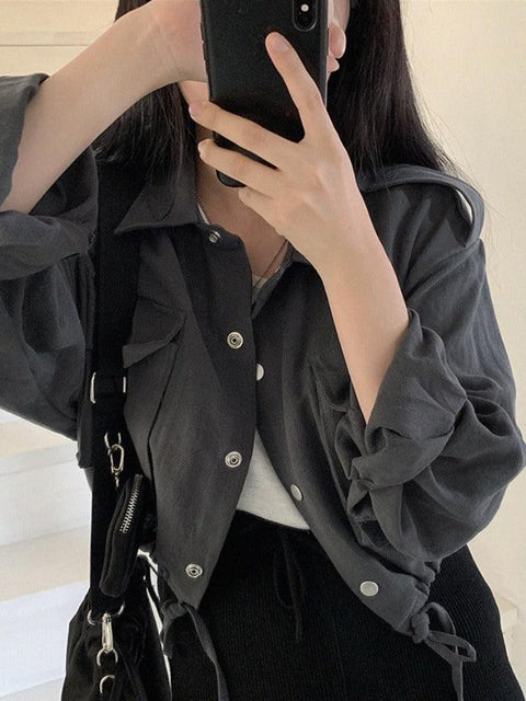 Lapel Neck Snap Button Drawstring Short Long Sleeve Blouse - HouseofHalley
