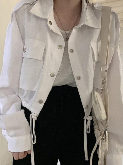 Lapel Neck Snap Button Drawstring Short Long Sleeve Blouse - HouseofHalley