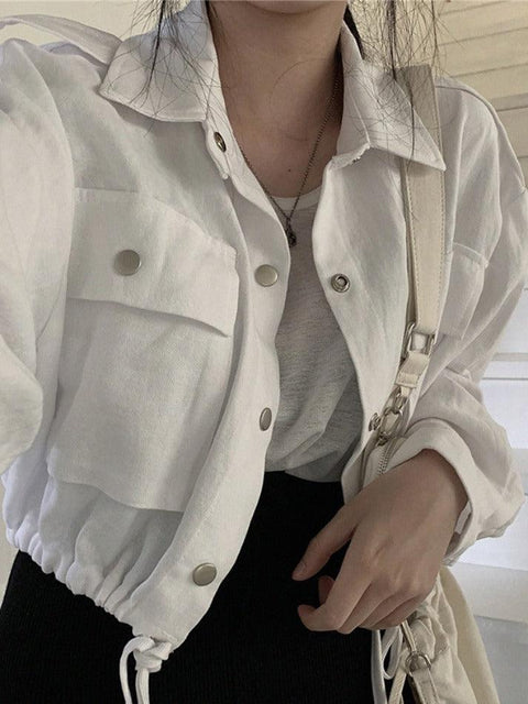 Lapel Neck Snap Button Drawstring Short Long Sleeve Blouse - HouseofHalley
