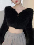 Plush Solid Color V Neck Crop Cardigan