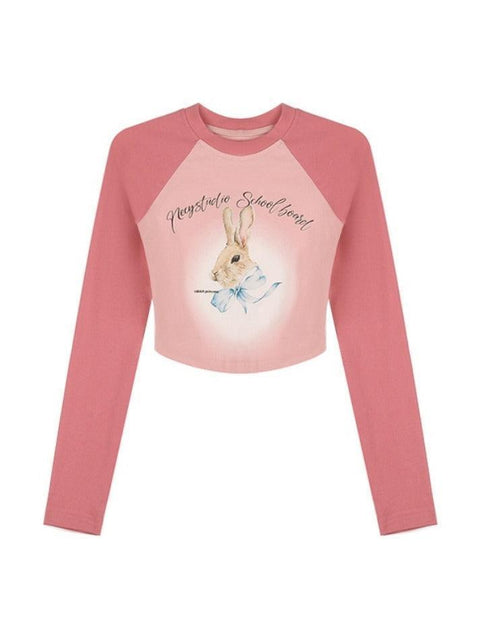 Rabbit Print Raglan Crop Long Sleeve Tee - HouseofHalley