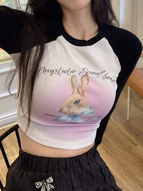 Rabbit Print Raglan Crop Long Sleeve Tee - HouseofHalley