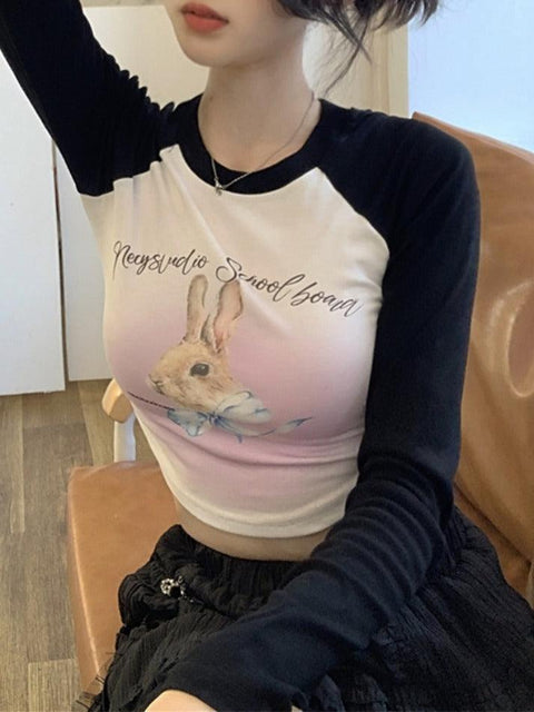 Rabbit Print Raglan Crop Long Sleeve Tee - HouseofHalley