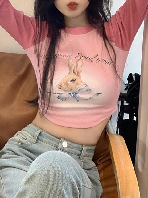 Rabbit Print Raglan Crop Long Sleeve Tee - HouseofHalley