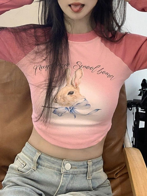 Rabbit Print Raglan Crop Long Sleeve Tee - HouseofHalley