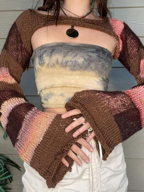 Short Contrast Color Stripe Flare Sleeve Crochet Top - HouseofHalley