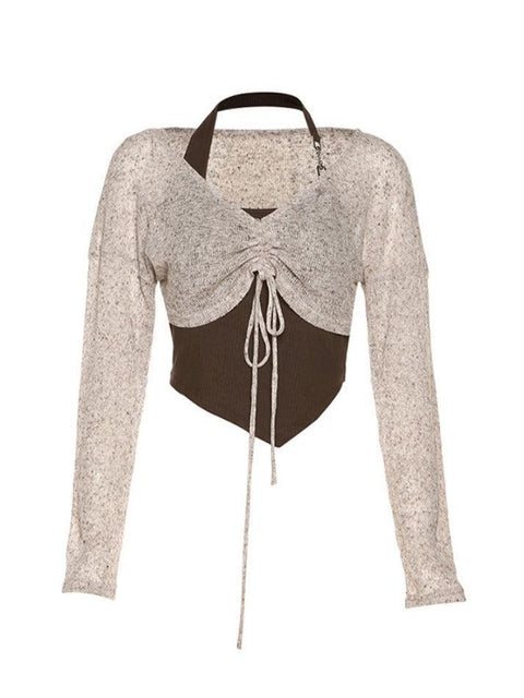 Short Lace Up V Neck Long Sleeve Knit - HouseofHalley
