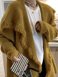 Solid Color Big Lapel Neck Tassel Trim Cardigan - HouseofHalley