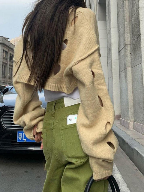 Solid Color Cutout Crop Long Sleeve Knit - HouseofHalley