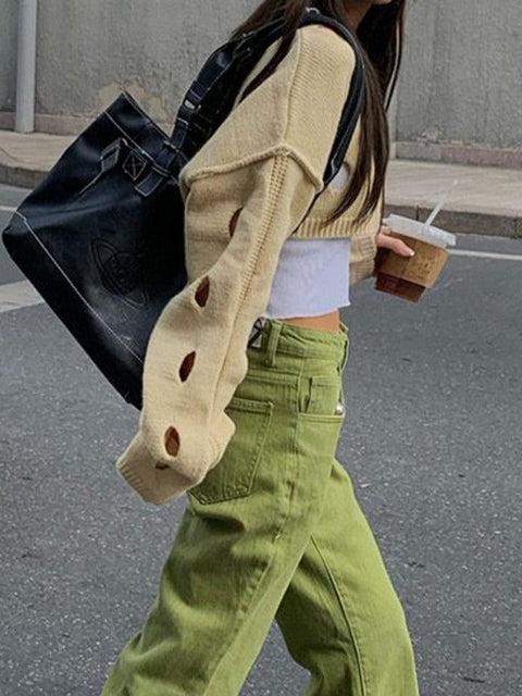 Solid Color Cutout Crop Long Sleeve Knit - HouseofHalley