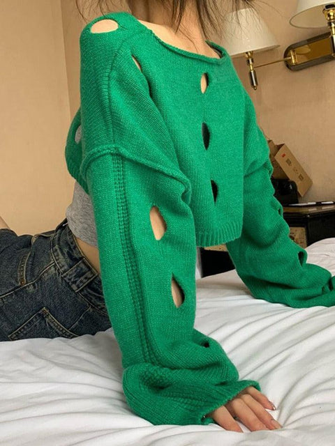 Solid Color Cutout Crop Long Sleeve Knit - HouseofHalley