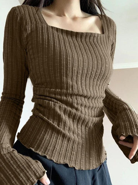 Square Neck Flare Sleeve Slim Knit - HouseofHalley