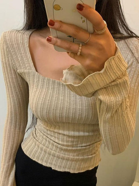 Square Neck Flare Sleeve Slim Knit - HouseofHalley