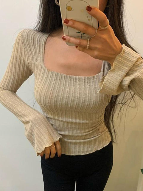 Square Neck Flare Sleeve Slim Knit - HouseofHalley