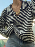 Stripe Lapel Neck Chain Decor Sweater - HouseofHalley