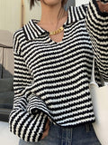 Stripe Lapel Neck Chain Decor Sweater - HouseofHalley