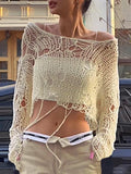 Tattered Cutout Slanted Shoulder Crochet Top - HouseofHalley