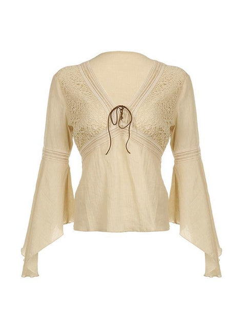 Tribal Cutout V Neck Lacing Flared Long Sleeve Blouse - HouseofHalley