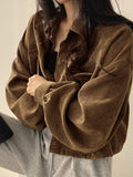 Vintage Corduroy Lapel Neck Button Long Sleeve Blouse - HouseofHalley