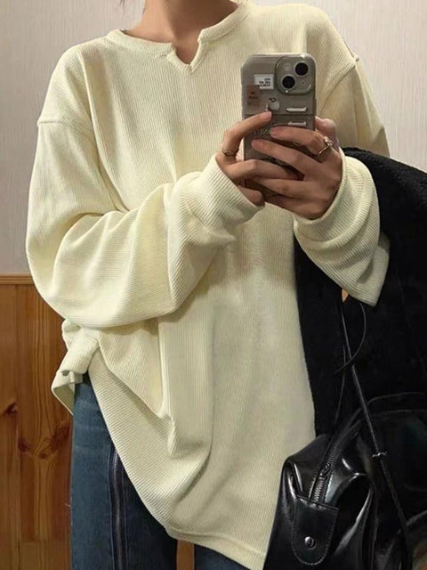 White Ribbed V Neck Long Sleeve Knit - HouseofHalley