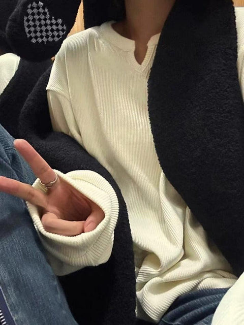 White Ribbed V Neck Long Sleeve Knit - HouseofHalley