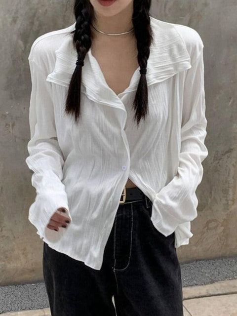 White Wrinkled Textured Baggy Long Sleeve Blouse - HouseofHalley